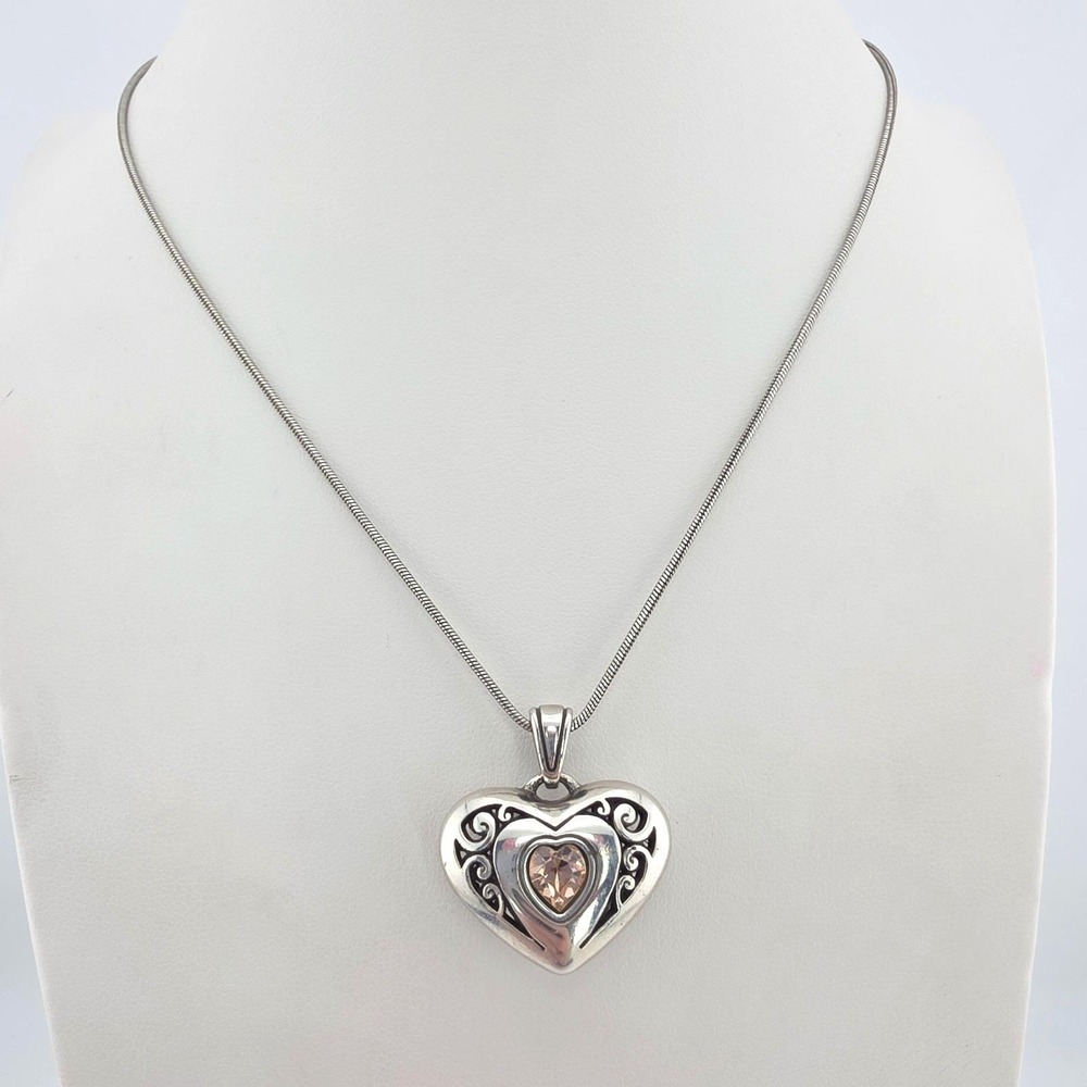 BRIGHTON‎ Divinity Heart Necklace Reversible Clear Pink Crystal Silver Plate 18"